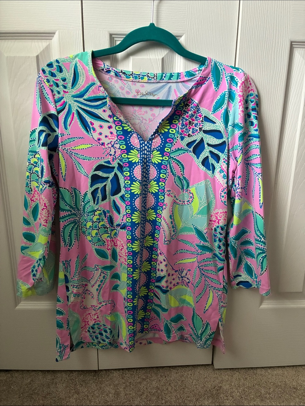 Lilly Pulitzer Pink Tropical V-Neck Tunic with Blue & Green Accents